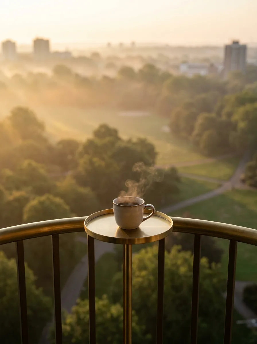View from a high apartment balcony over endless green parkland at sunrise