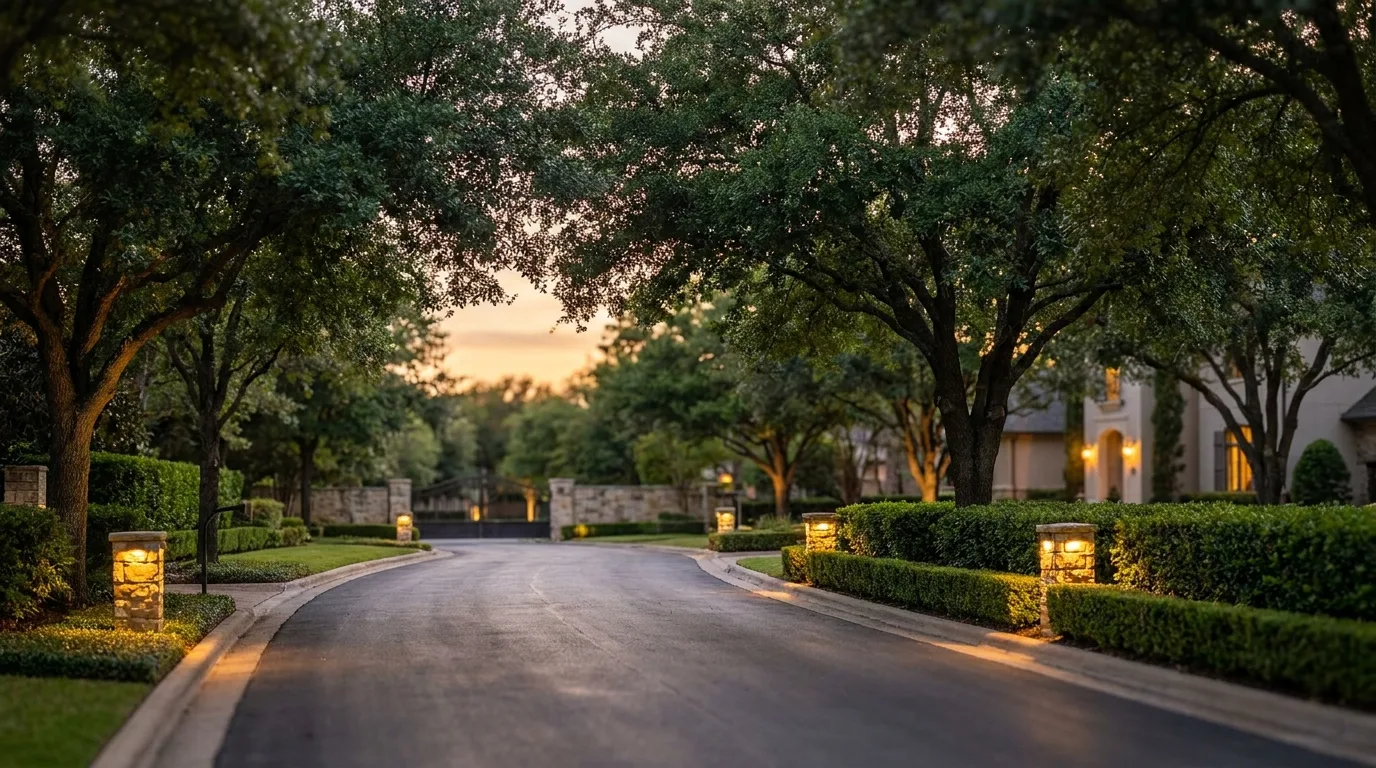 Tree-lined landscaped boulevard at dusk inside a premium gated community